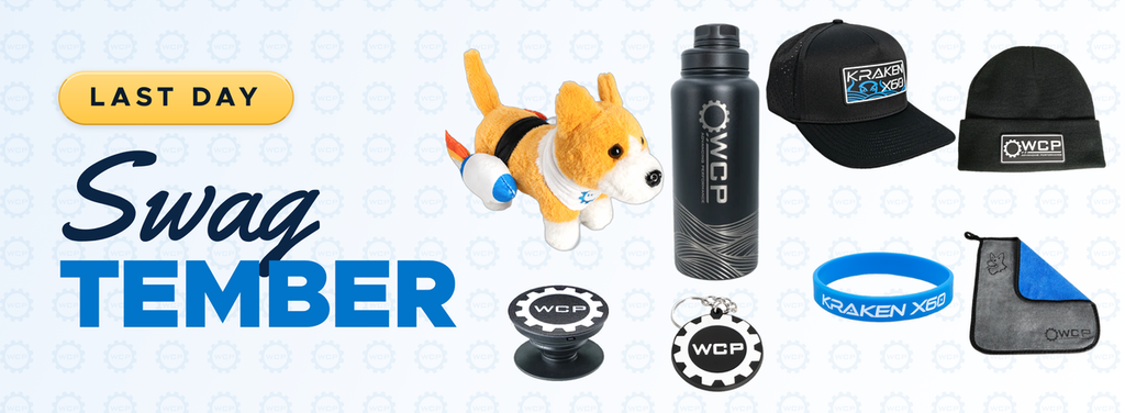 New products and last day of Swagtember - WCP swag: corgi plush, water bottle, Kraken X60 hat, beanie, popsocket, keychain, Kraken X60 wristband and microfiber towel.