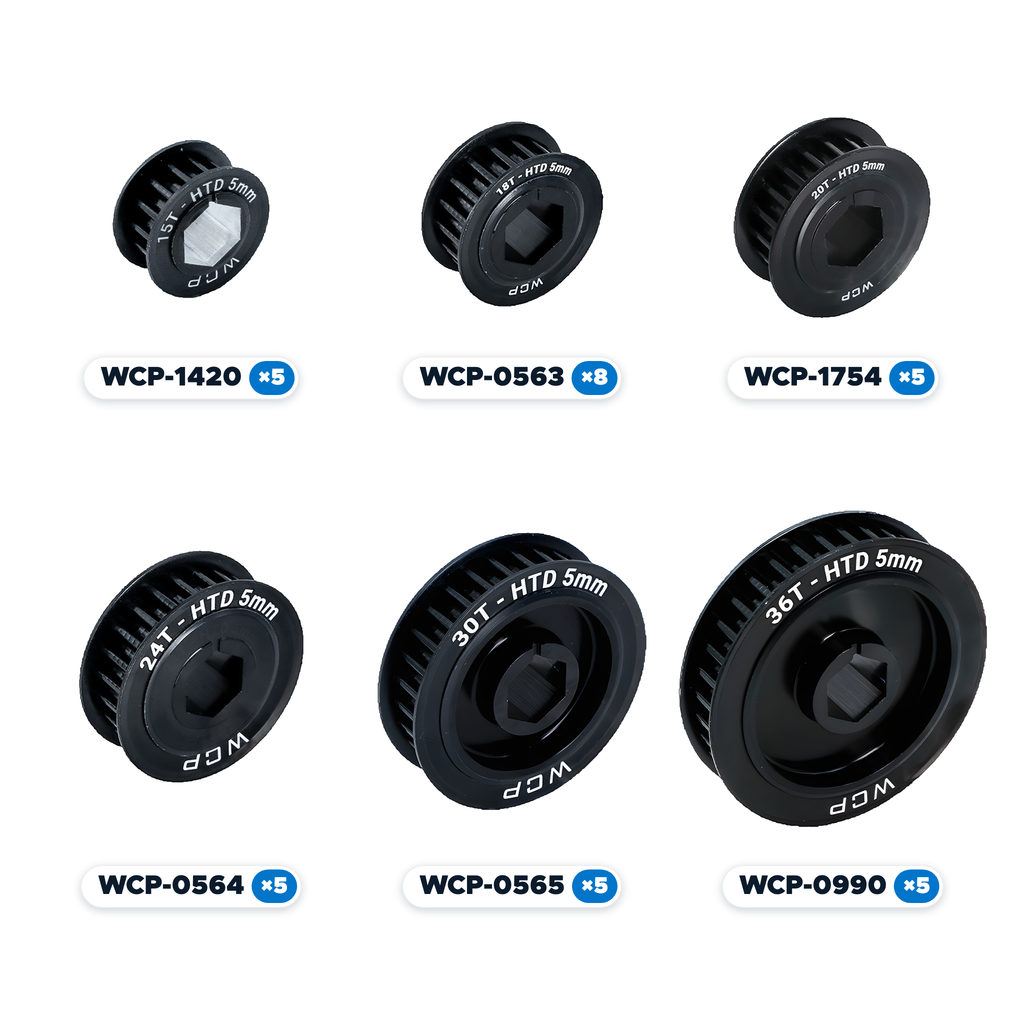 BND-0055 - 1/2" Hex Aluminum HTD Pulley Bundle (9mm Wide, 15t-36t)